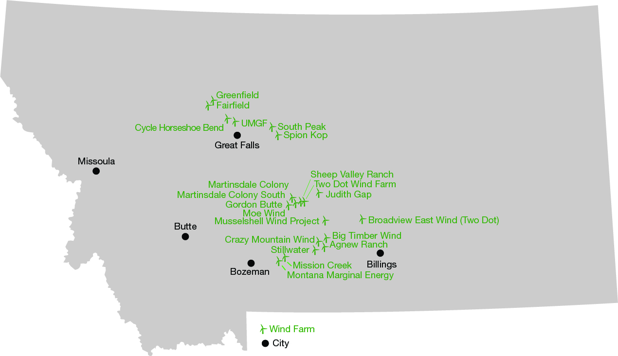 A Montana map showing wind generation locations